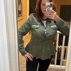 INC Linen Olive Green Women's Jacket - Peplum Waist - Large EUC Safari Style